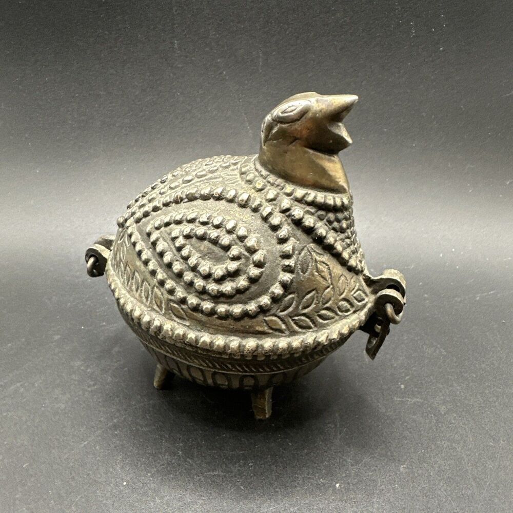 Dhokra Brass Hinged Bird Trinket, Hand Cast, Vintage, Chicken, Hen, Jewelry